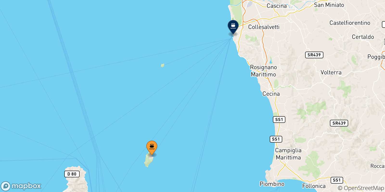 Mapa de las posibles rutas entre Capraia y  Italia