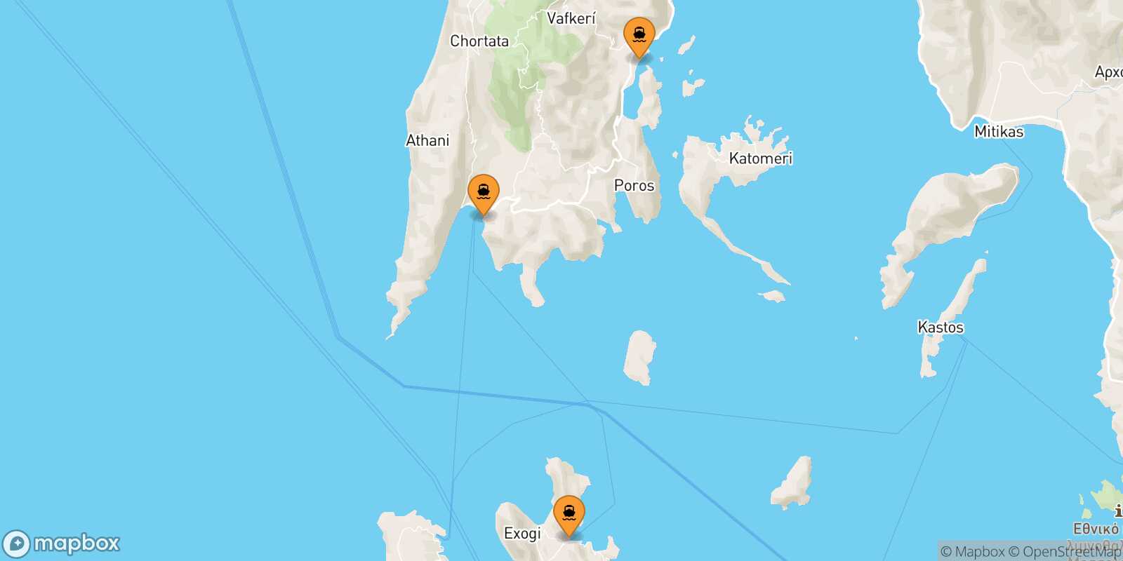 Mapa de los puertos conectados con  Fiskardo (Cefalonia)