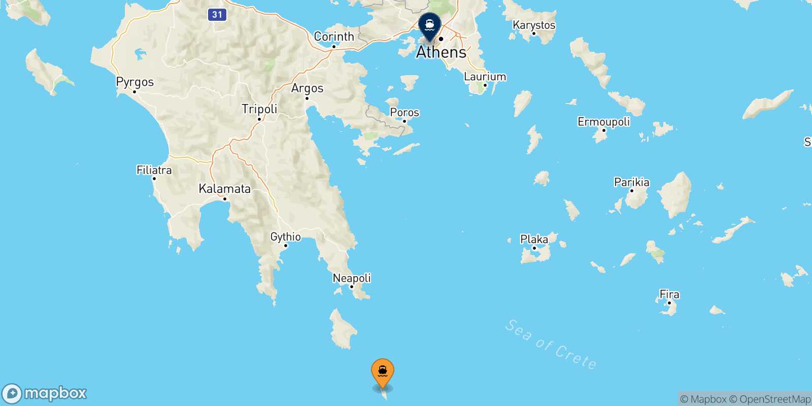 Mapa de la ruta Antikythira El Pireo