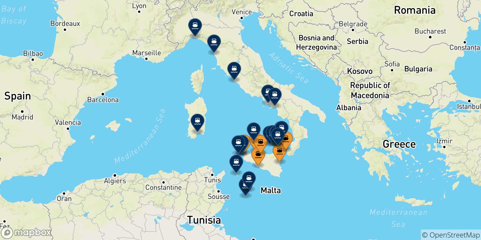 Mapa de las posibles rutas entre Sicilia y  Italia