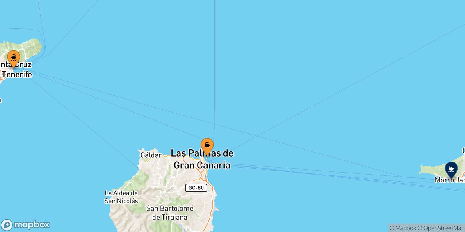 Mapa de los puertos conectados con  Morro Jable (Fuerteventura)