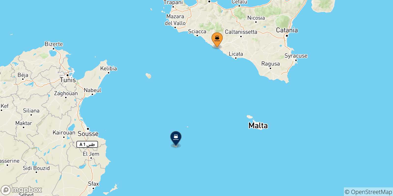 Mapa de las posibles rutas entre Sicilia y  Lampedusa