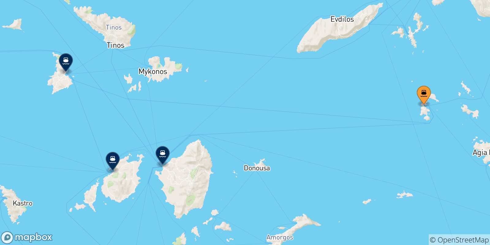 Mapa de las posibles rutas entre Patmos y  Las Cicladas