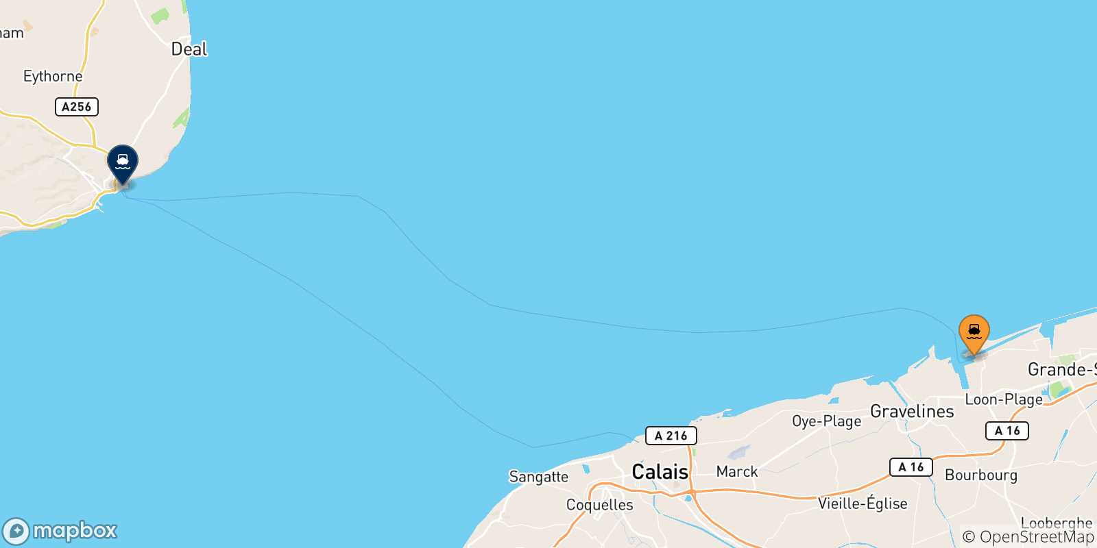 Mapa de las posibles rutas entre Dunkerque y  Inglaterra