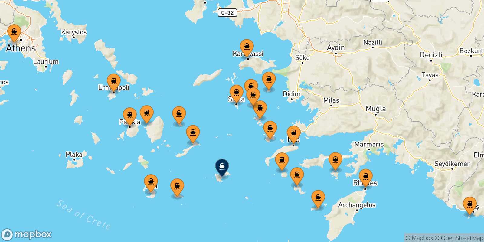 Mapa de los puertos conectados con  Astipalea