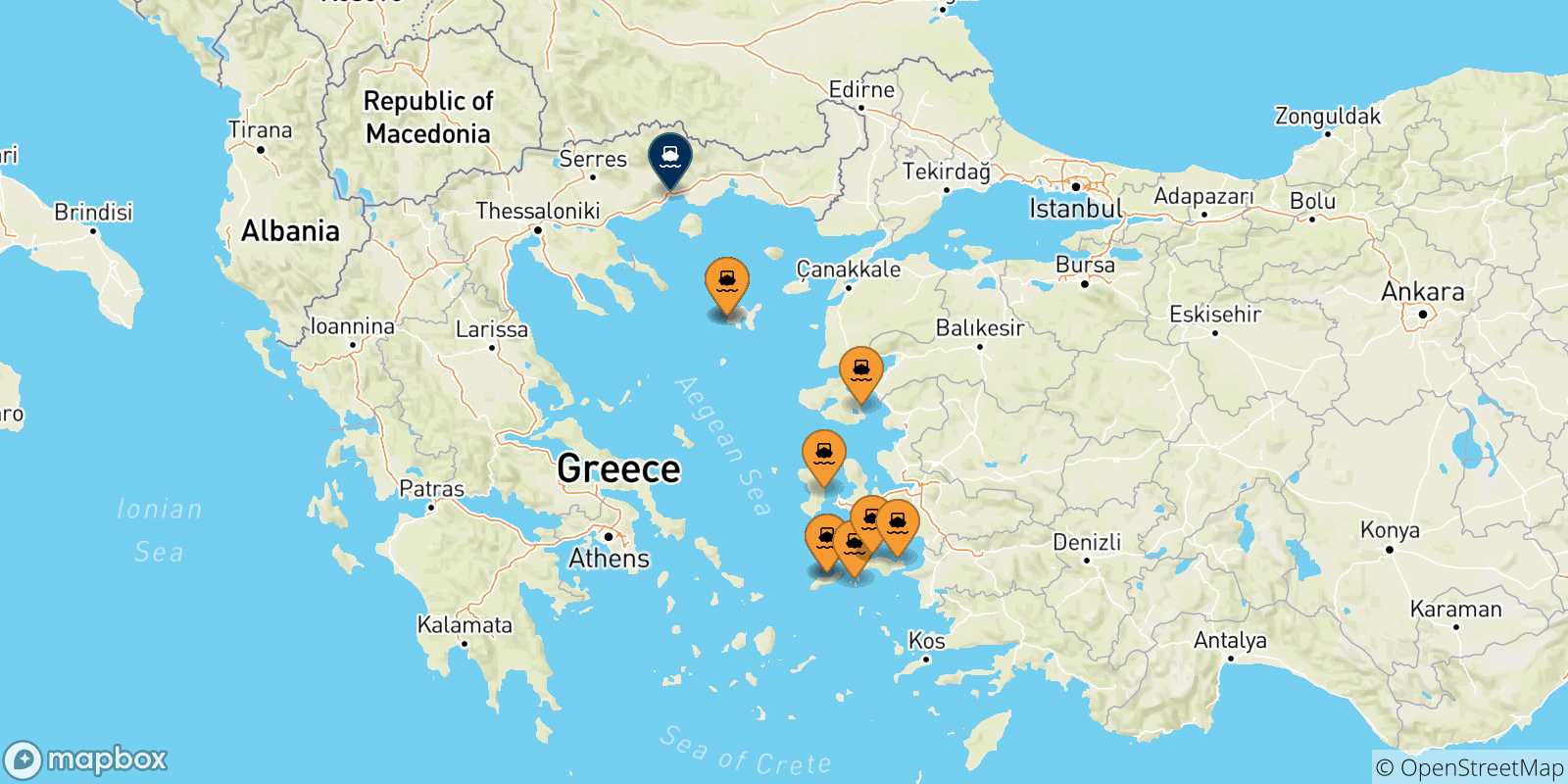 Mapa de las posibles rutas entre Islas Del Egeo y  Kavala