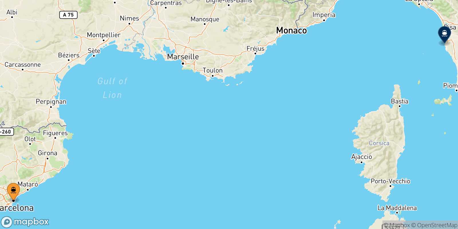 Mapa de la ruta Barcelona Livorno