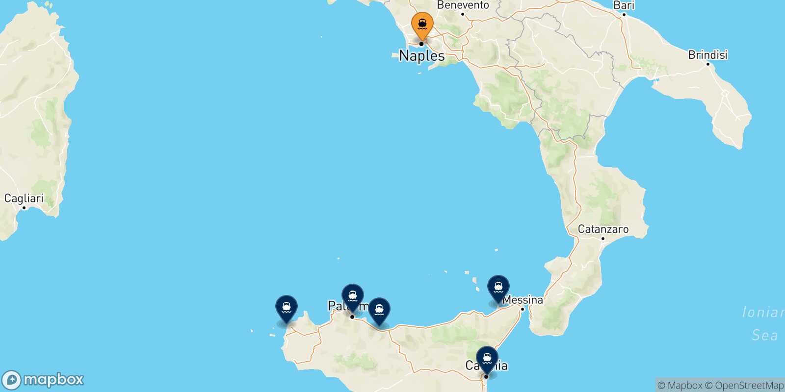 Mapa de los destinos alcanzables de Nápoles