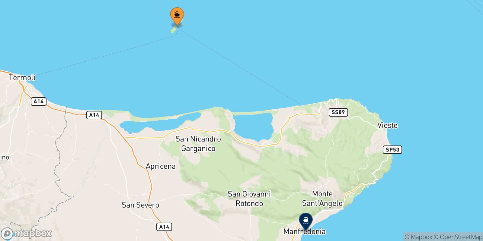 Mapa de los puertos conectados con  Manfredonia