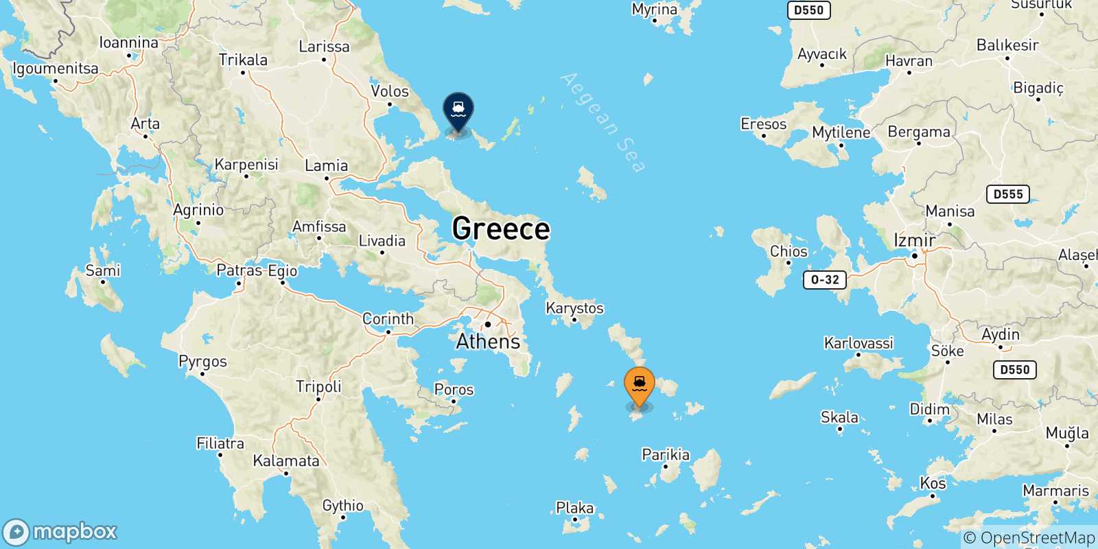 Mapa de las posibles rutas entre Syros y  Islas Espóradas