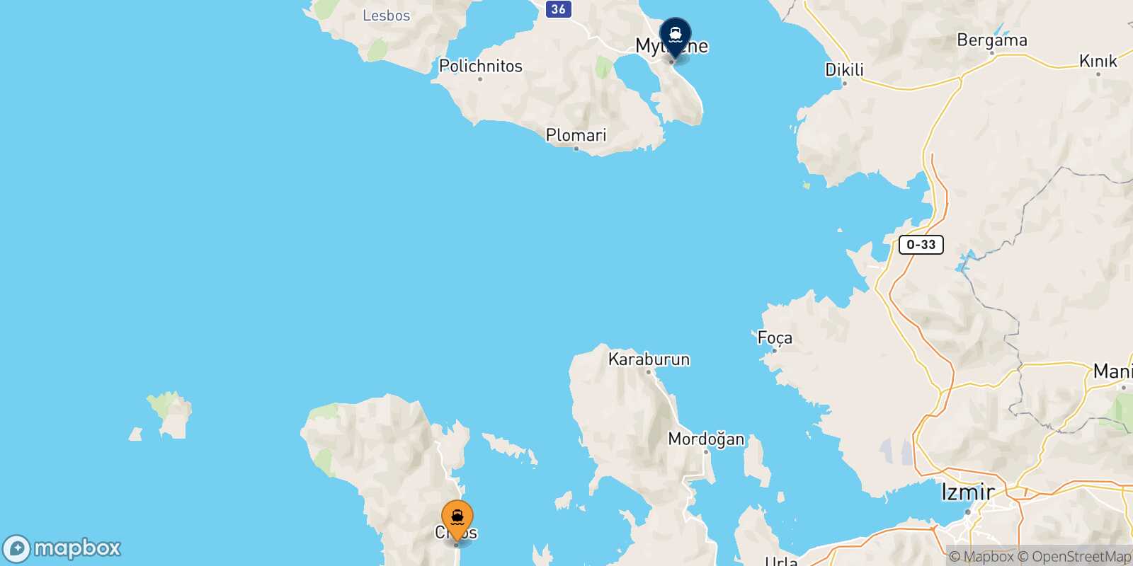 Mapa de la ruta Quios Mytilene (Lesvos)