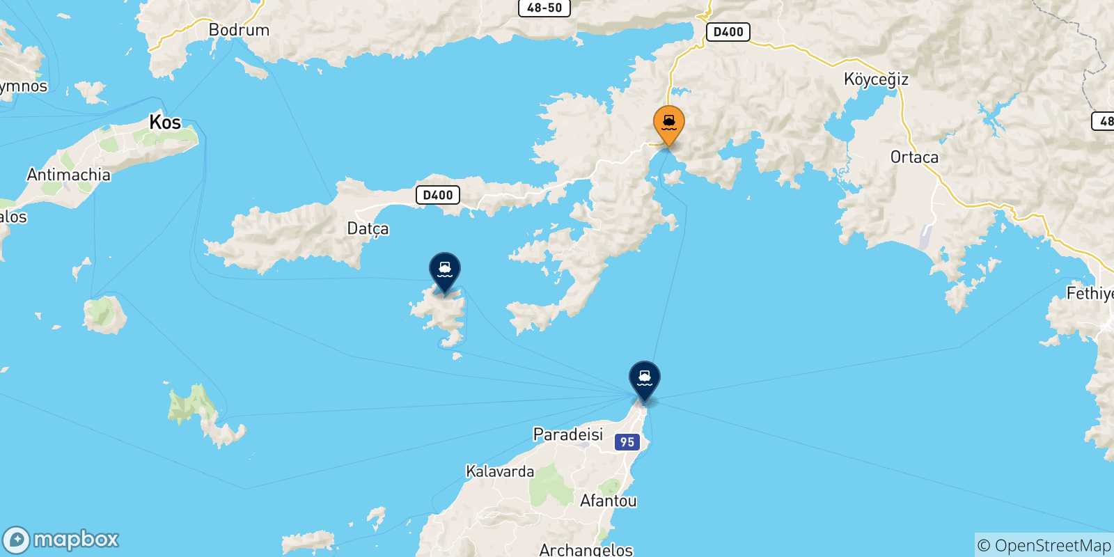 Mapa de las posibles rutas entre Marmaris y  Dodecaneso