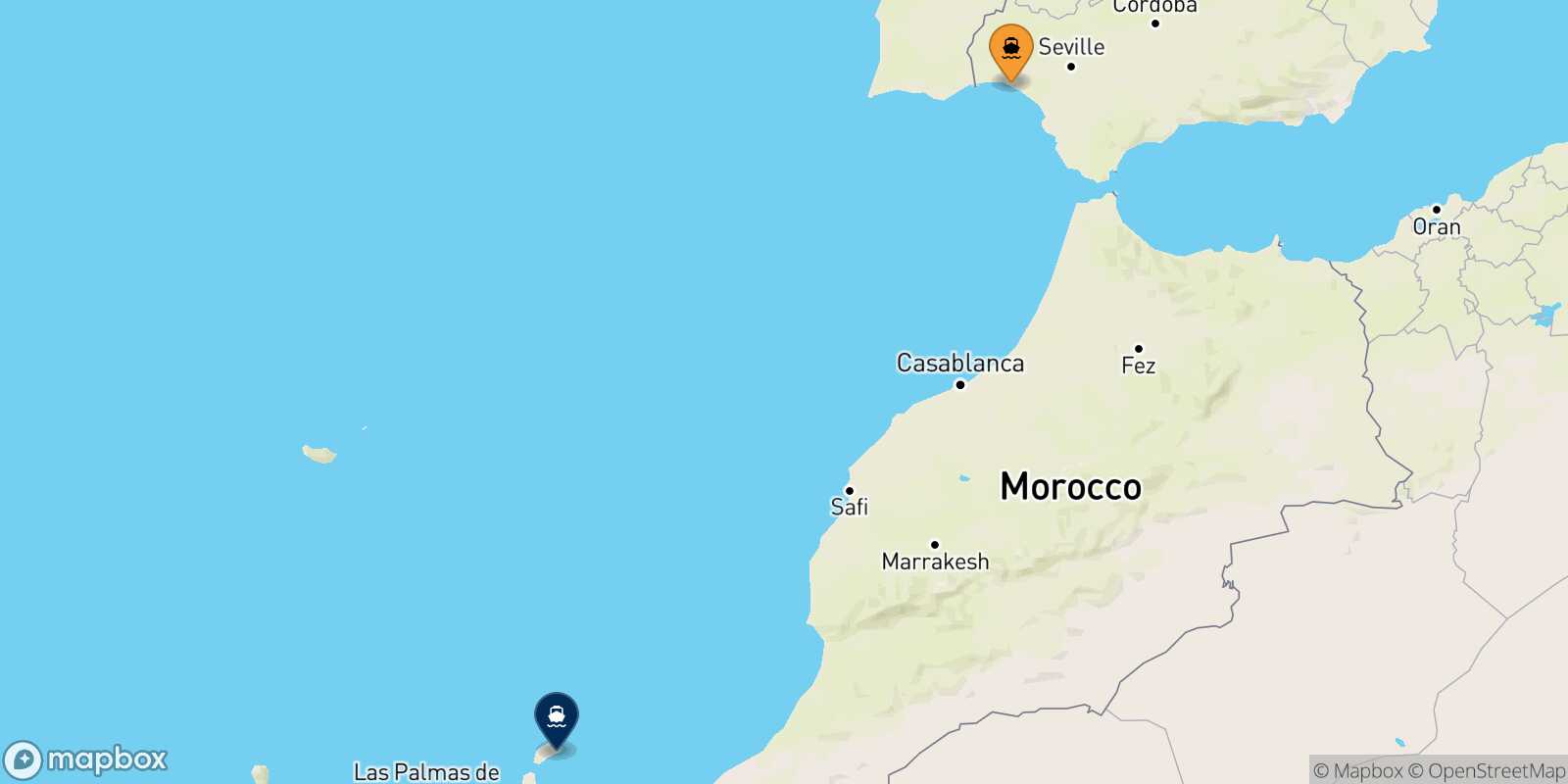 Mapa de la ruta Huelva Arrecife (Lanzarote)