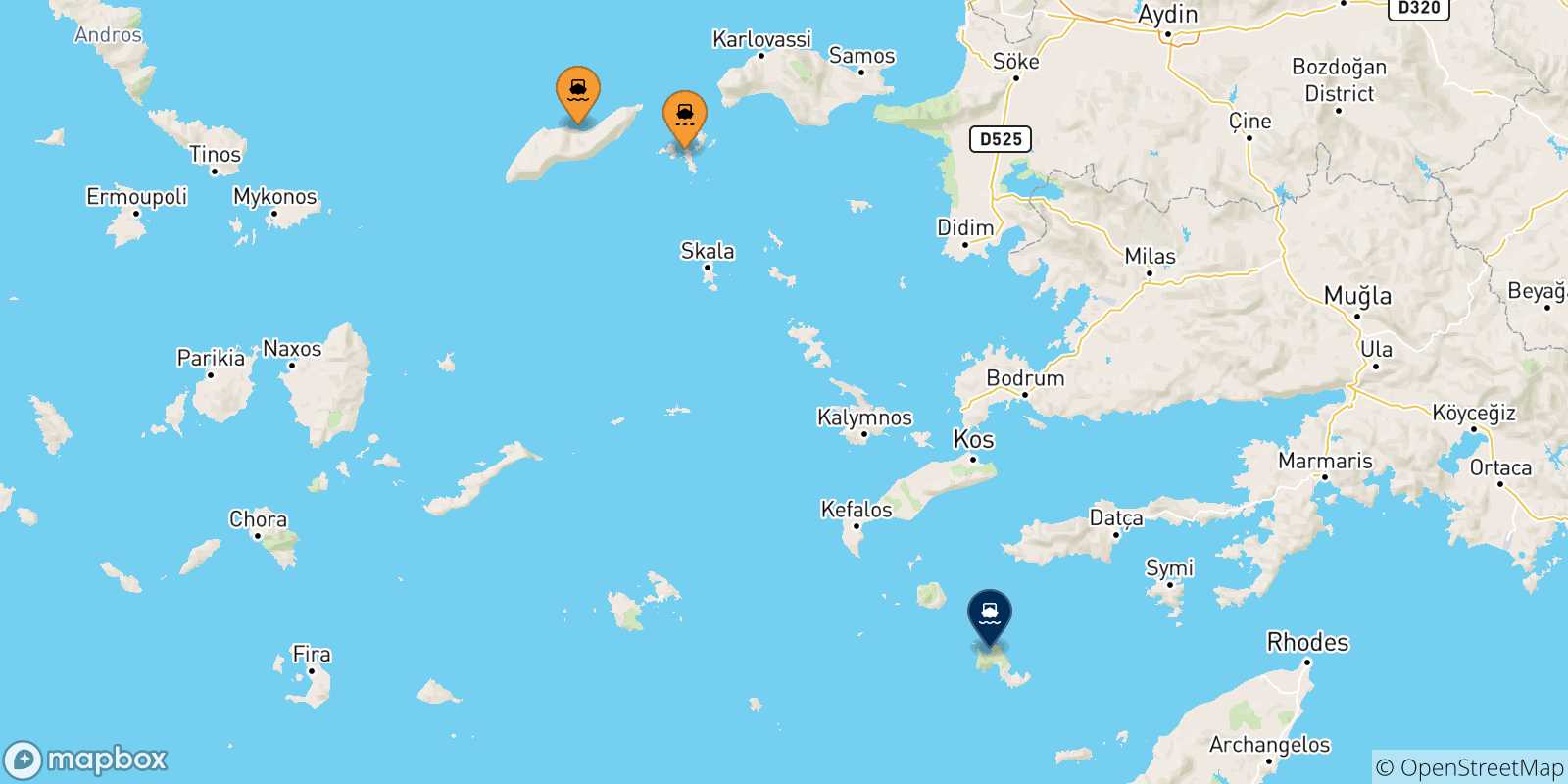 Mapa de las posibles rutas entre Islas Del Egeo y  Tilos