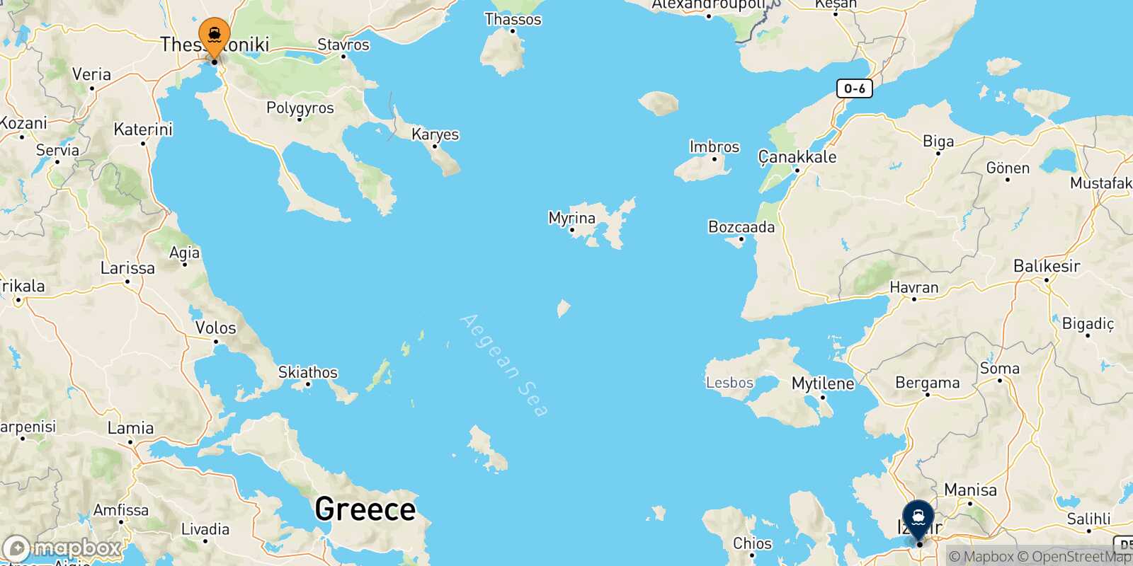 Mapa de los puertos conectados con  Izmir