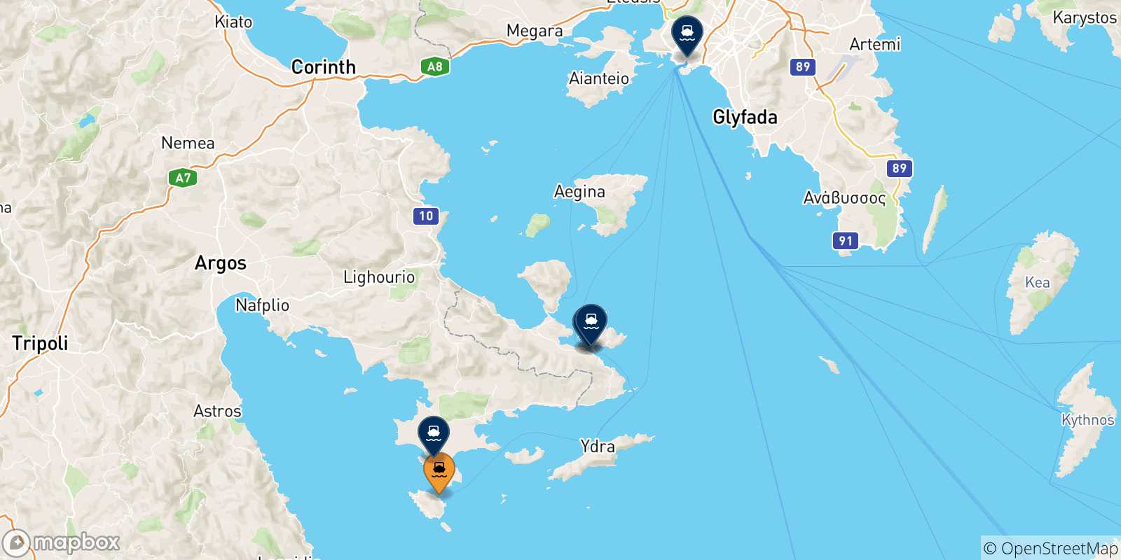 Mapa de las posibles rutas entre Spetses y  Grecia