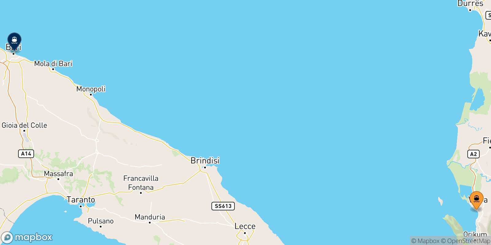 Mapa de la ruta Vlore Bari