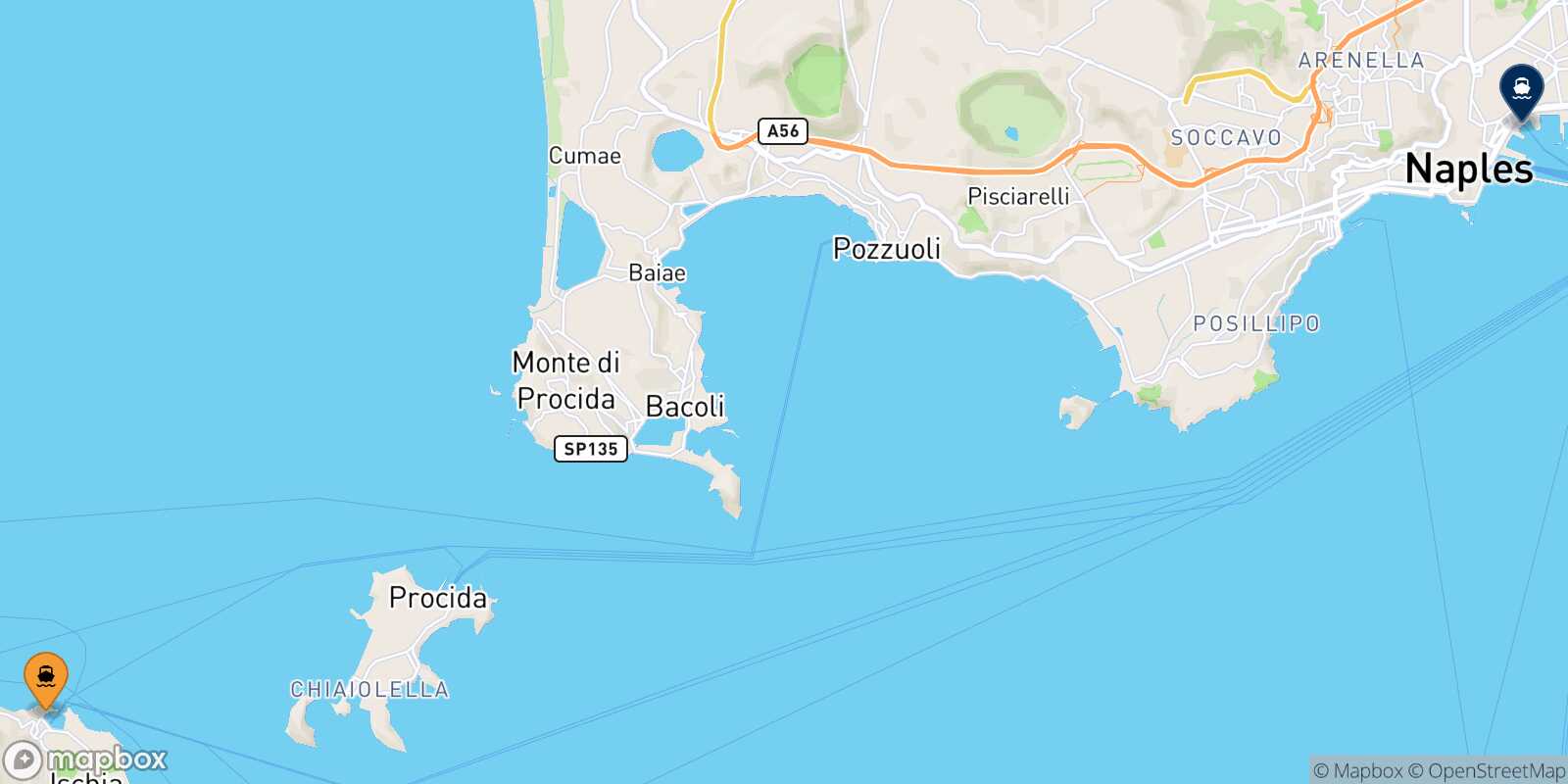 Mapa de la ruta Forio (Ischia) Nápoles Beverello