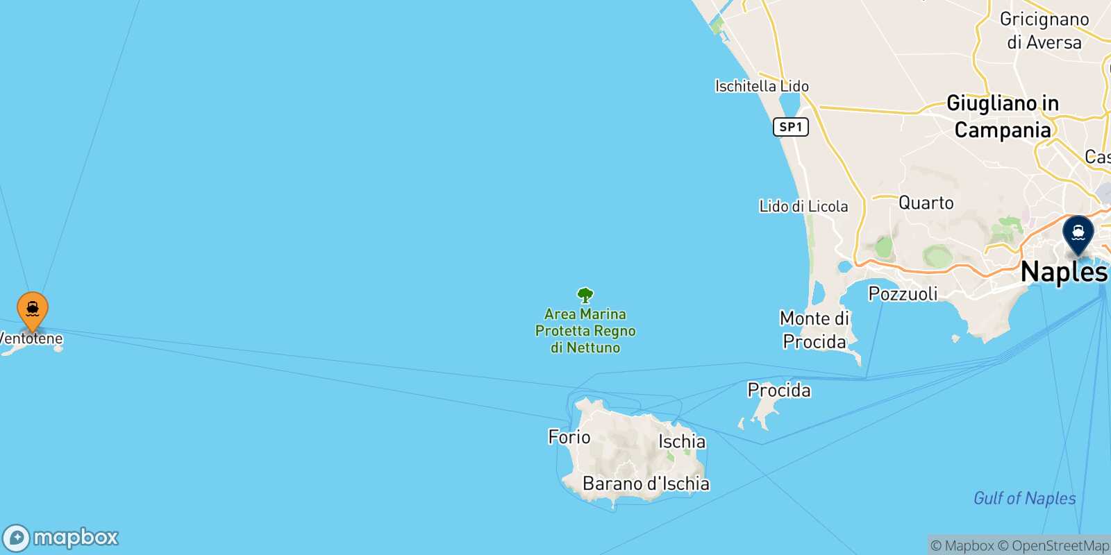 Mapa de la ruta Ventotene Nápoles Beverello