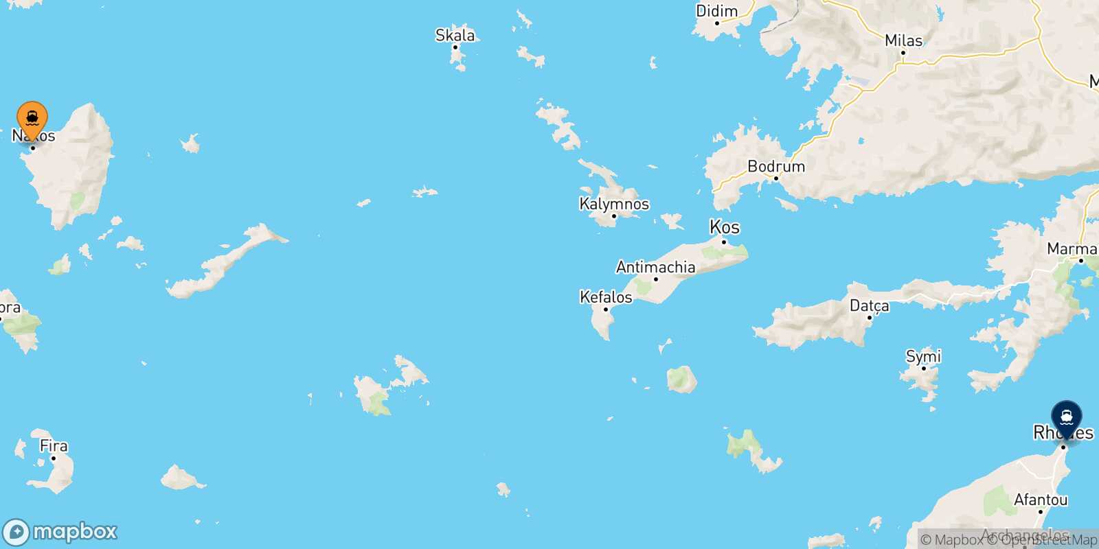 Mapa de la ruta Naxos Rodas