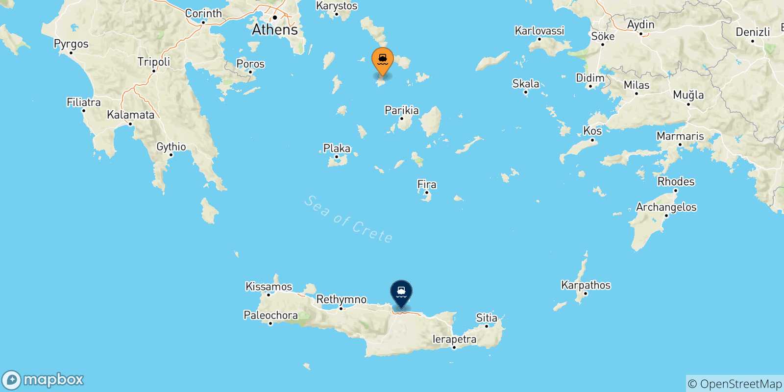 Mapa de las posibles rutas entre Syros y  Creta