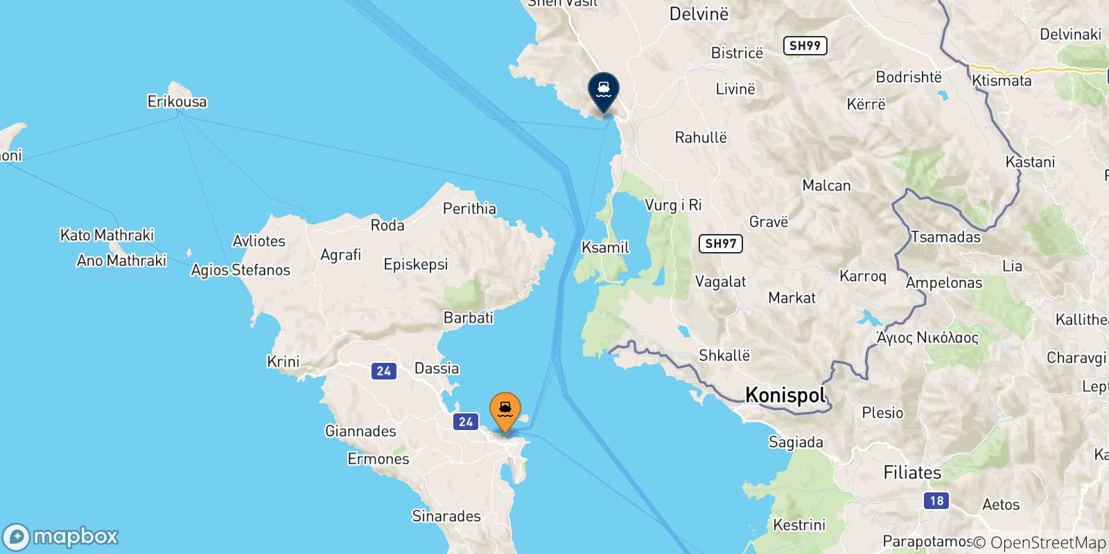 Mapa de las posibles rutas entre Islas Jonicas y  Albania