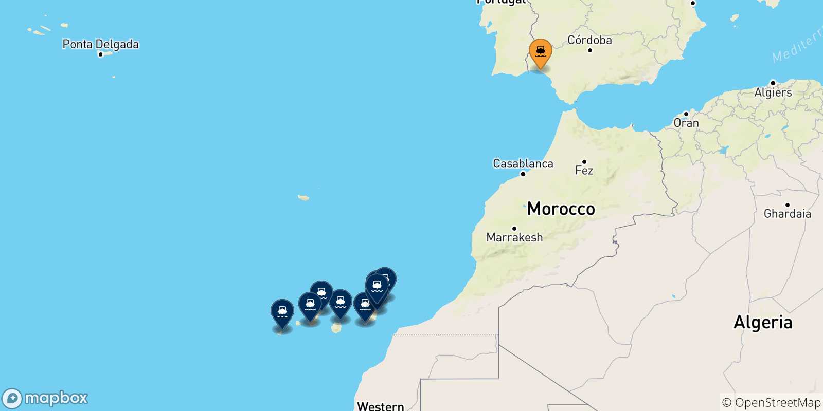 Mapa de los puertos conectados con  Islas Canarias