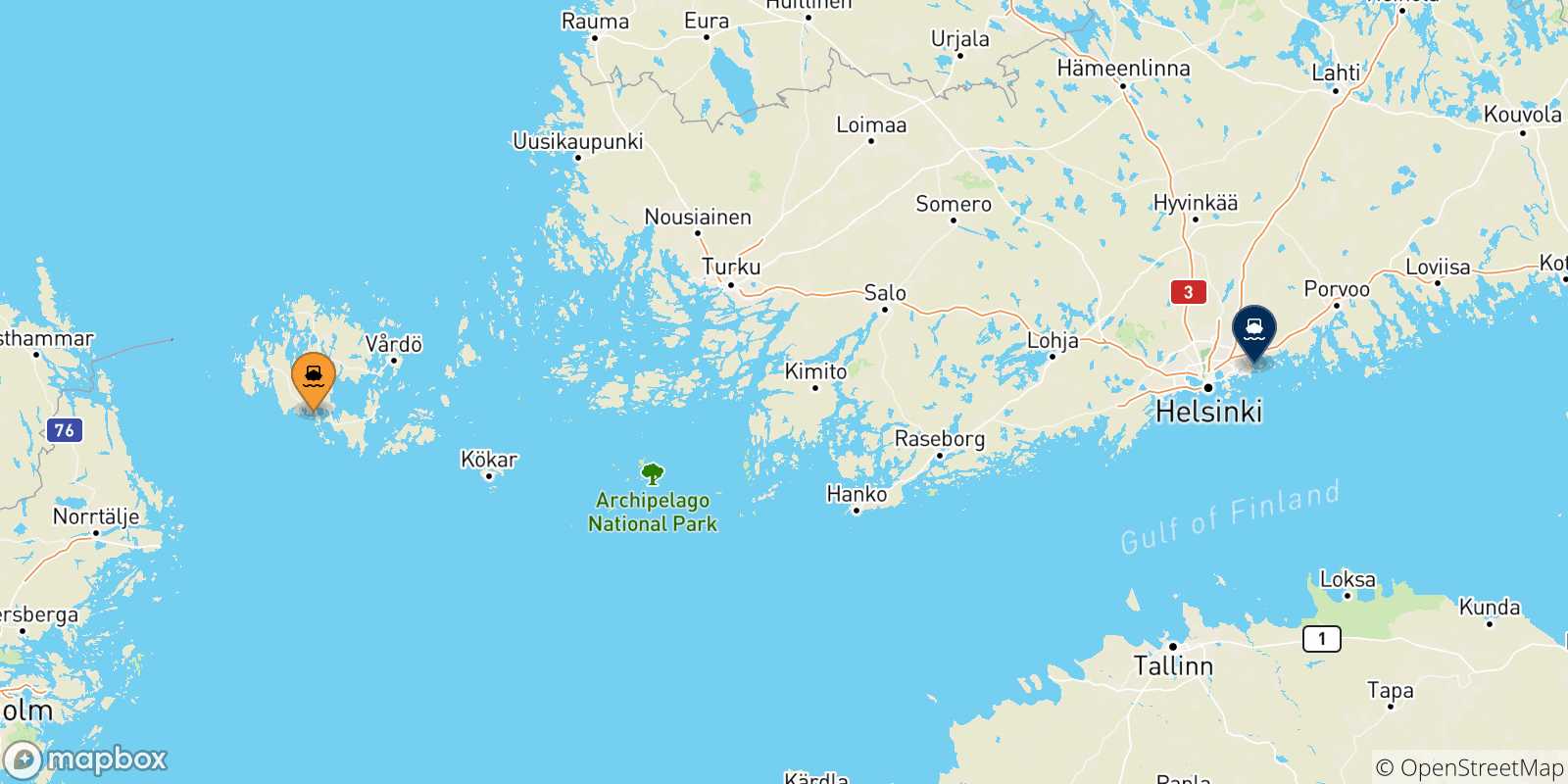 Mapa de las posibles rutas entre Islas Aland y  Helsinki