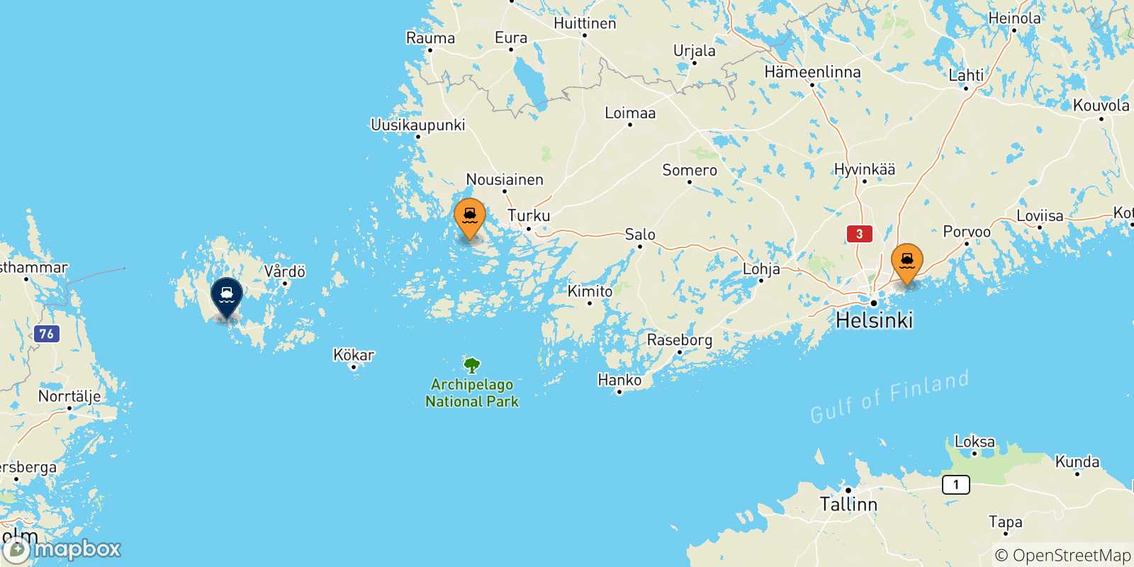 Mapa de las posibles rutas entre Finlandia y  Mariehamn
