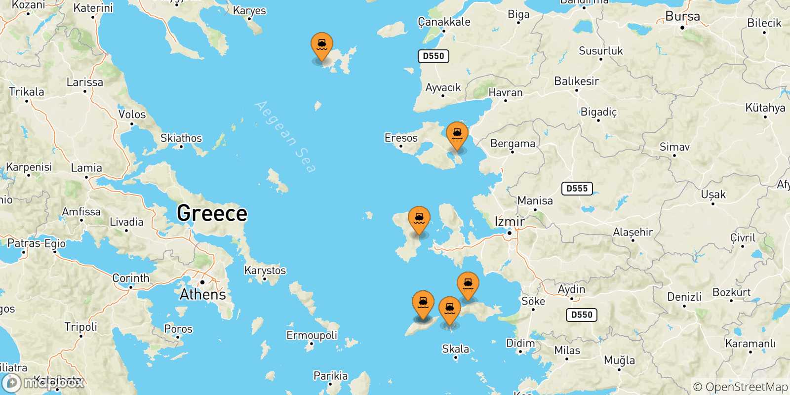 Mapa de las posibles rutas entre Islas Del Egeo y  Vathi (Samos)