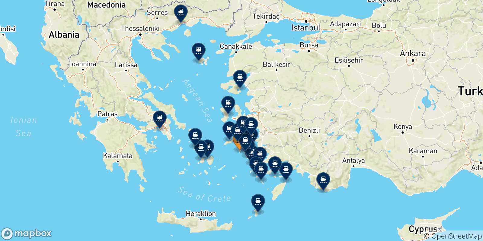 Mapa de las posibles rutas entre Patmos y  Grecia