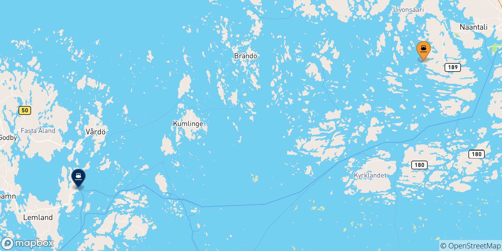 Mapa de las posibles rutas entre Naantali y  Finlandia