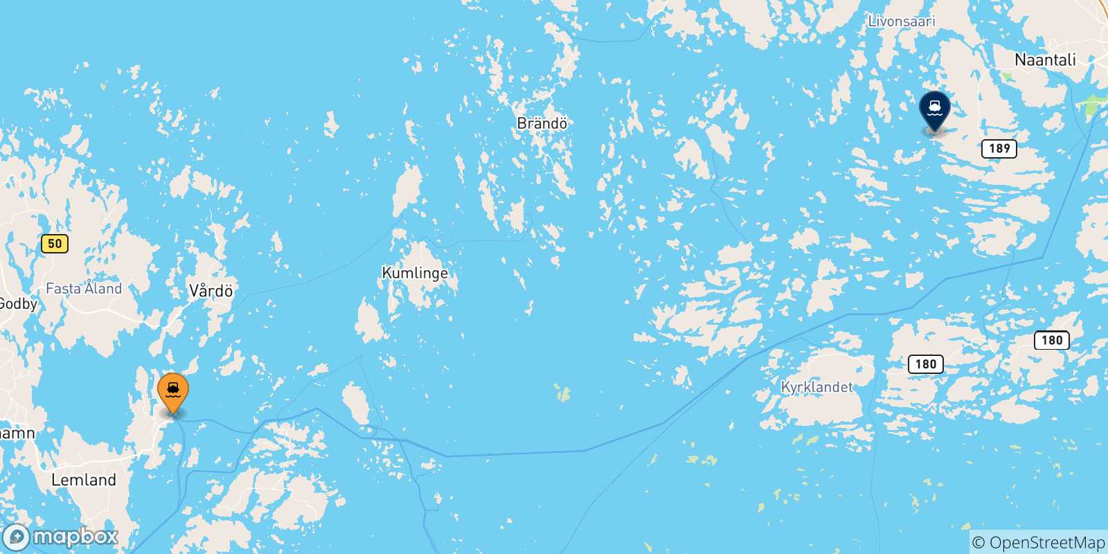 Mapa de las posibles rutas entre Finlandia y  Naantali