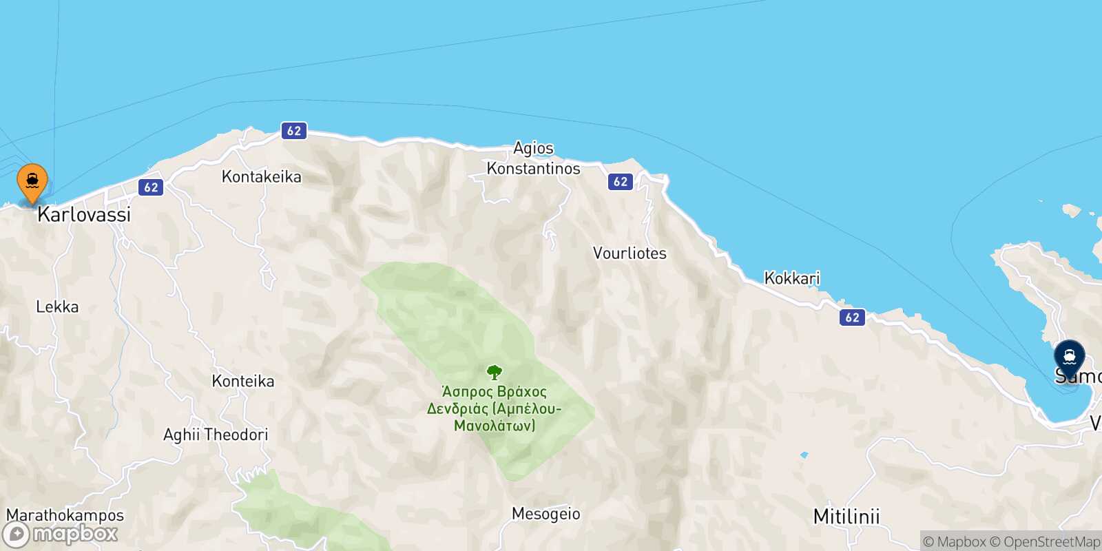 Mapa de la ruta Karlovassi (Samos) Vathi (Samos)