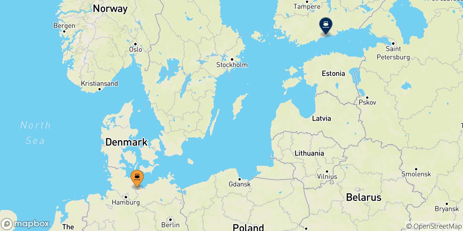 Mapa de las posibles rutas entre Alemania y  Helsinki
