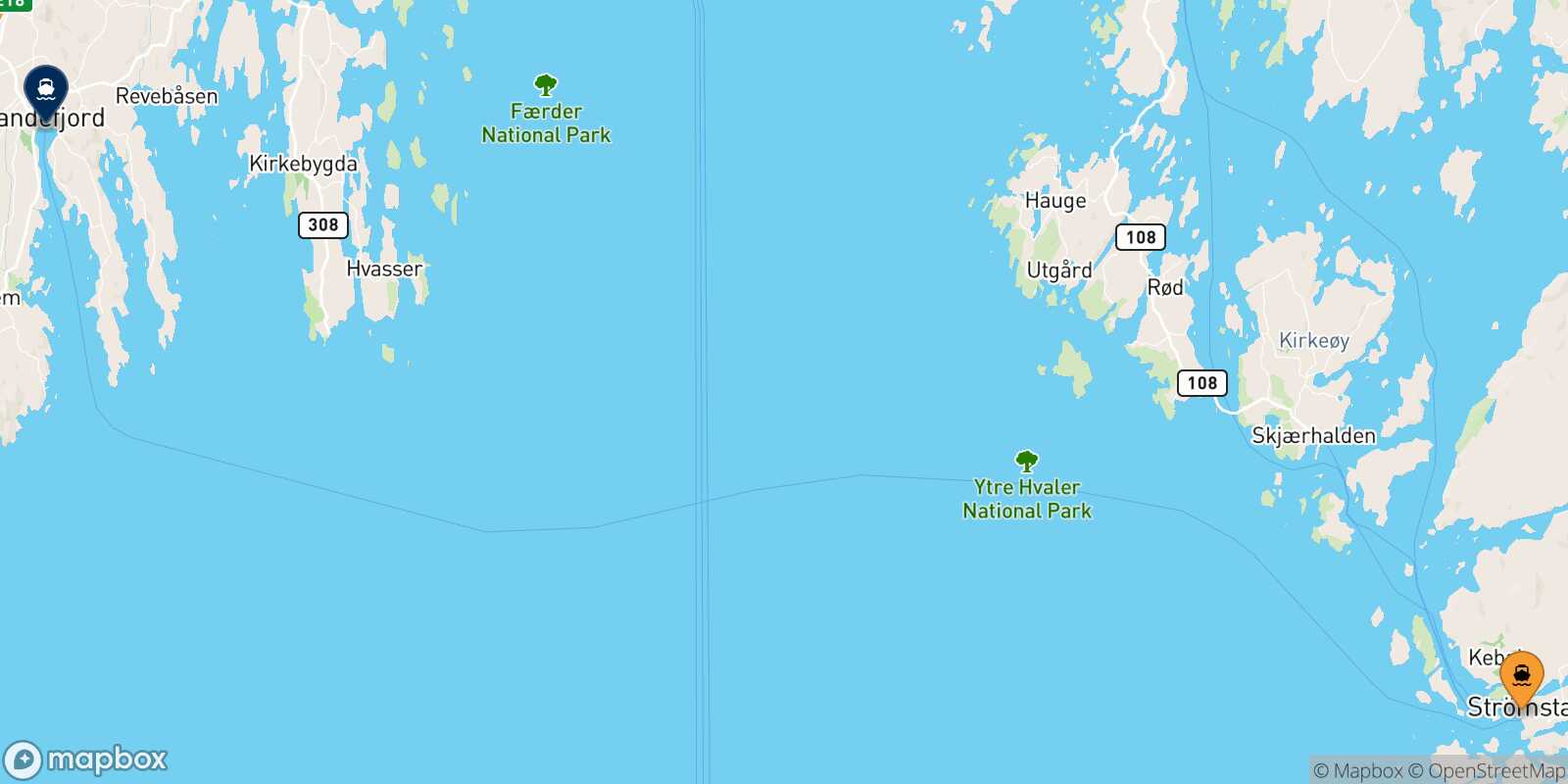 Mapa de los puertos conectados con  Sandefjord