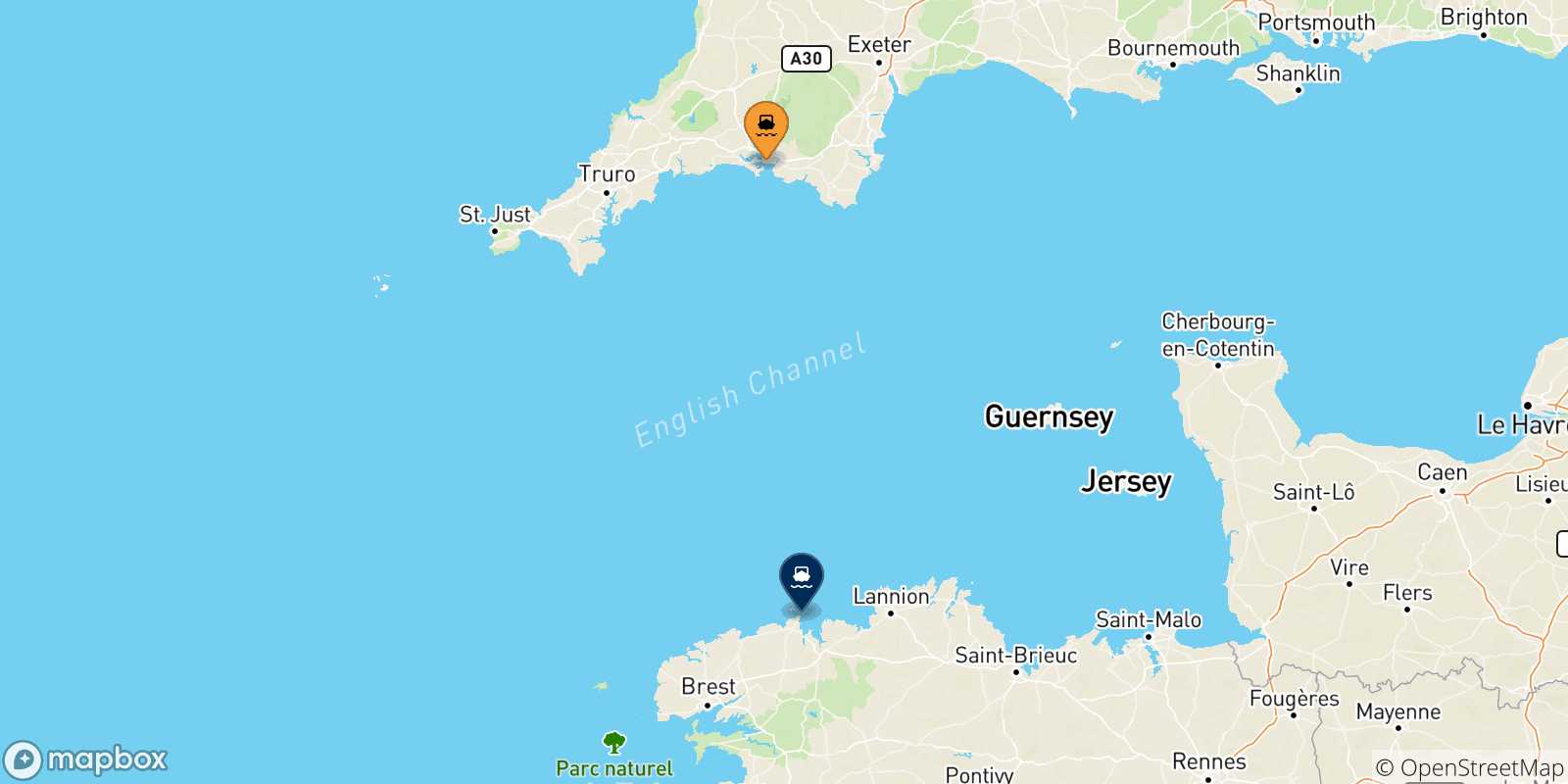 Mapa de las posibles rutas entre Reino Unido y  Roscoff