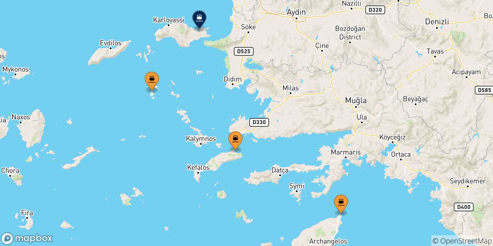 Mapa de las posibles rutas entre Dodecaneso y  Vathi (Samos)