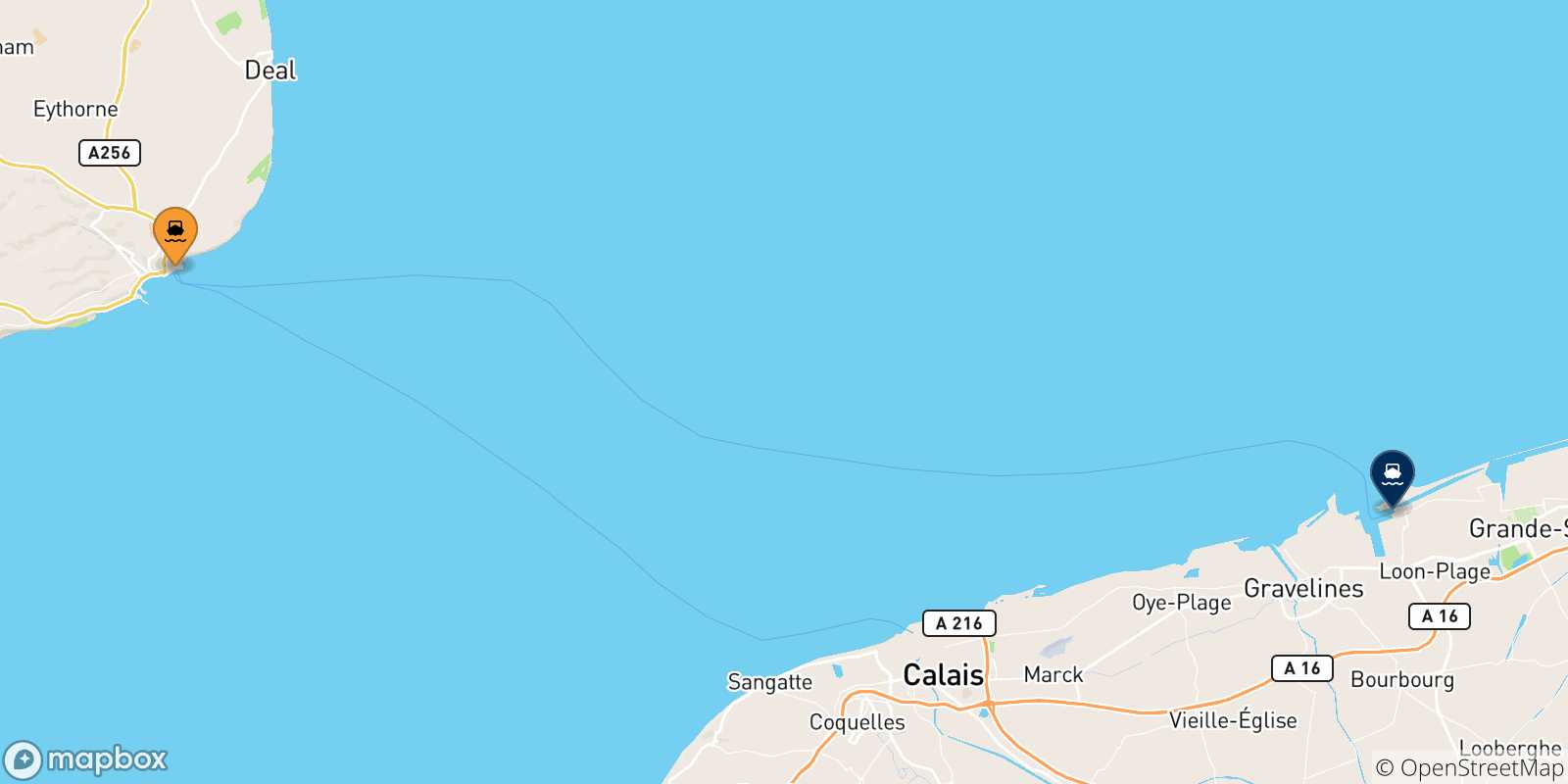 Mapa de las posibles rutas entre Inglaterra y  Dunkerque