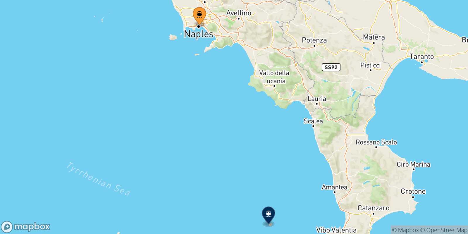 Mapa de la ruta Nápoles Ginostra (Stromboli)