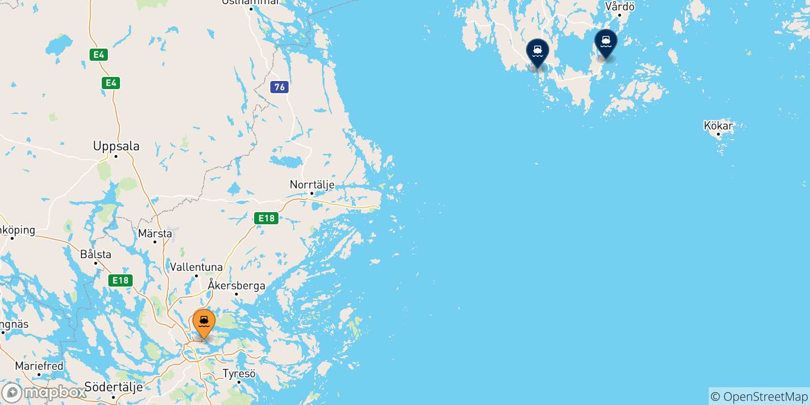 Mapa de las posibles rutas entre Estocolmo y  Islas Aland