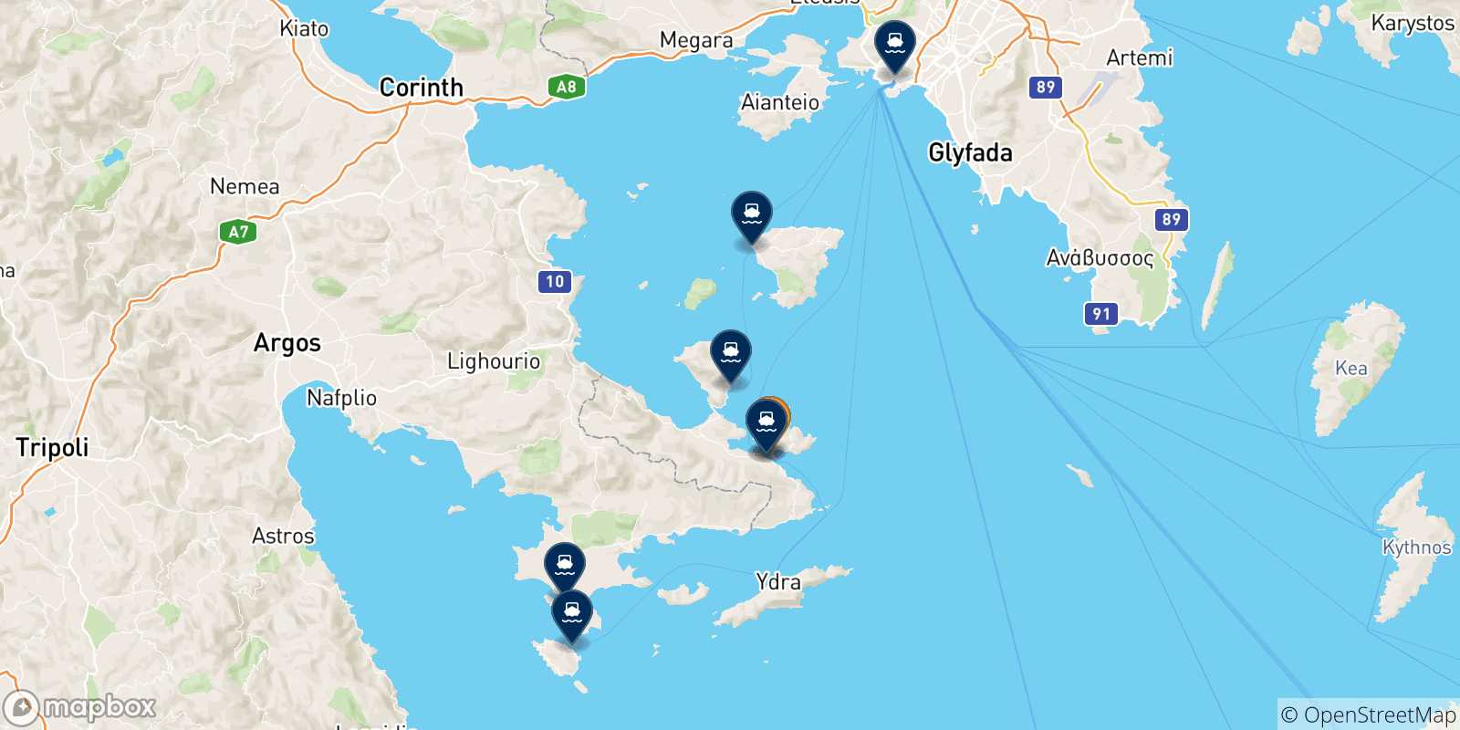 Mapa de las posibles rutas entre Poros y  Grecia