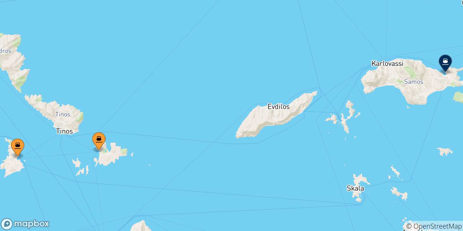 Mapa de las posibles rutas entre Las Cicladas y  Vathi (Samos)