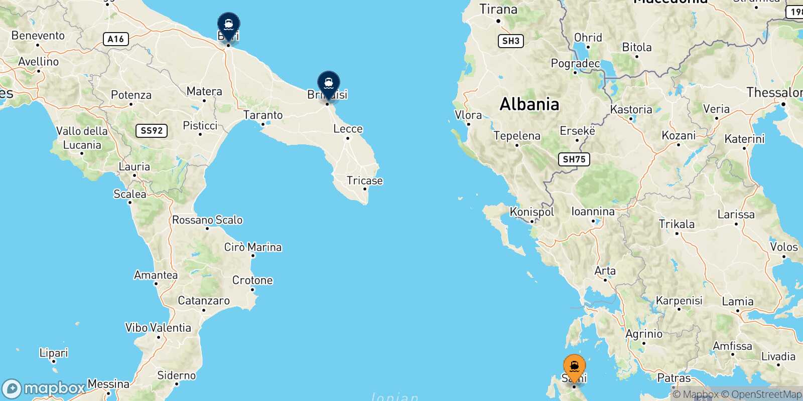 Mapa de los destinos alcanzables de Sami (Cefalonia)
