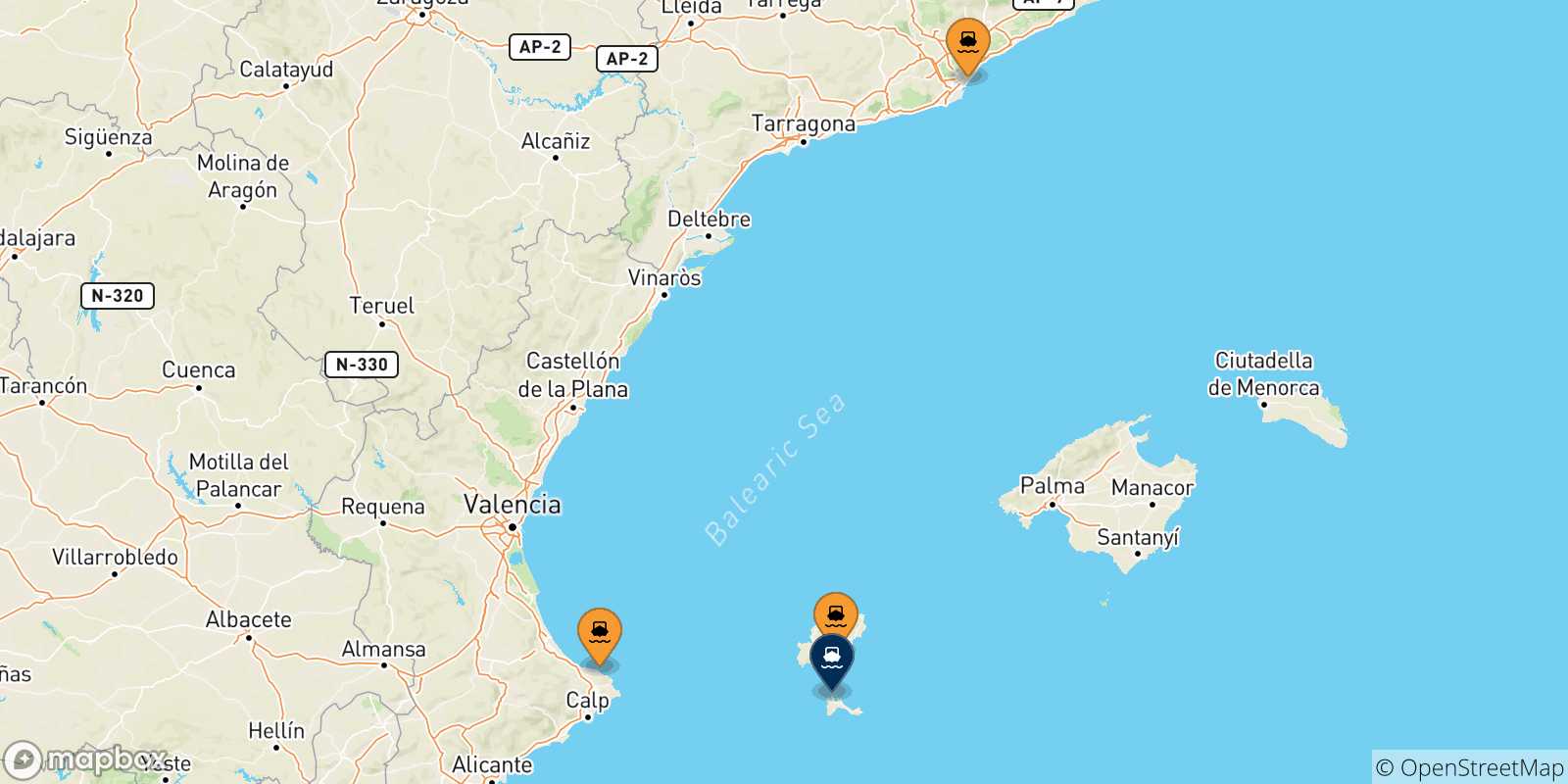 Mapa de las posibles rutas entre España y  Formentera