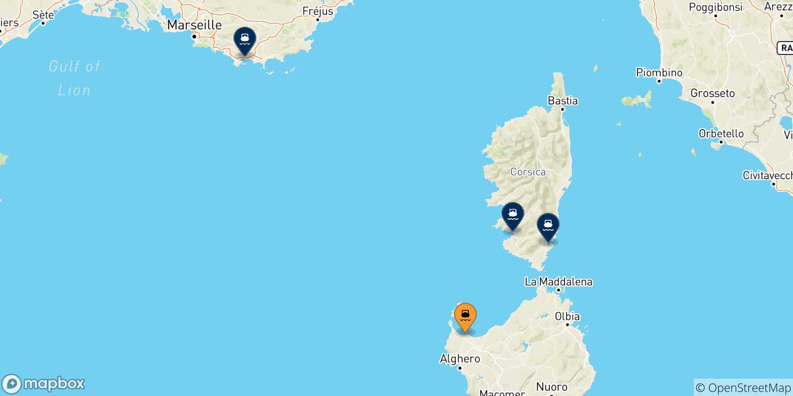 Mapa de las posibles rutas entre Porto Torres y  Francia