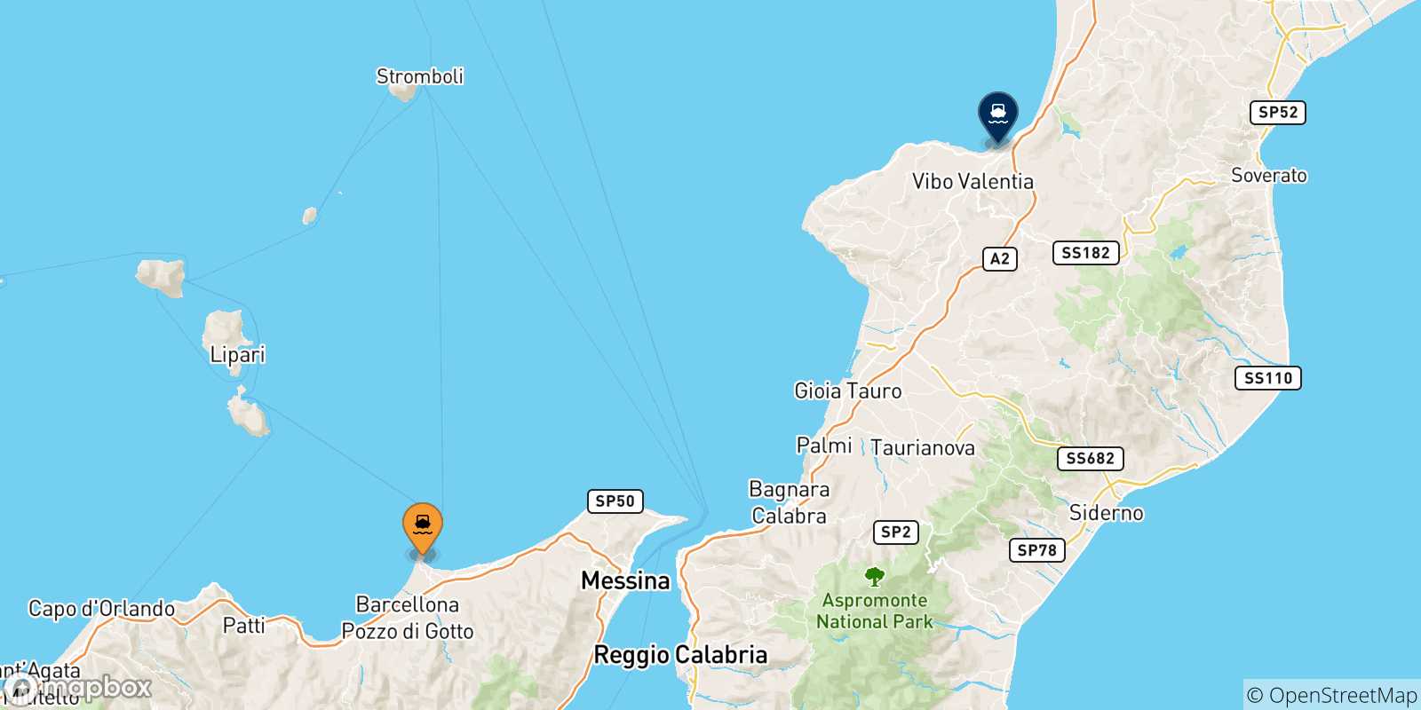 Mapa de las posibles rutas entre Sicilia y  Vibo Valentia