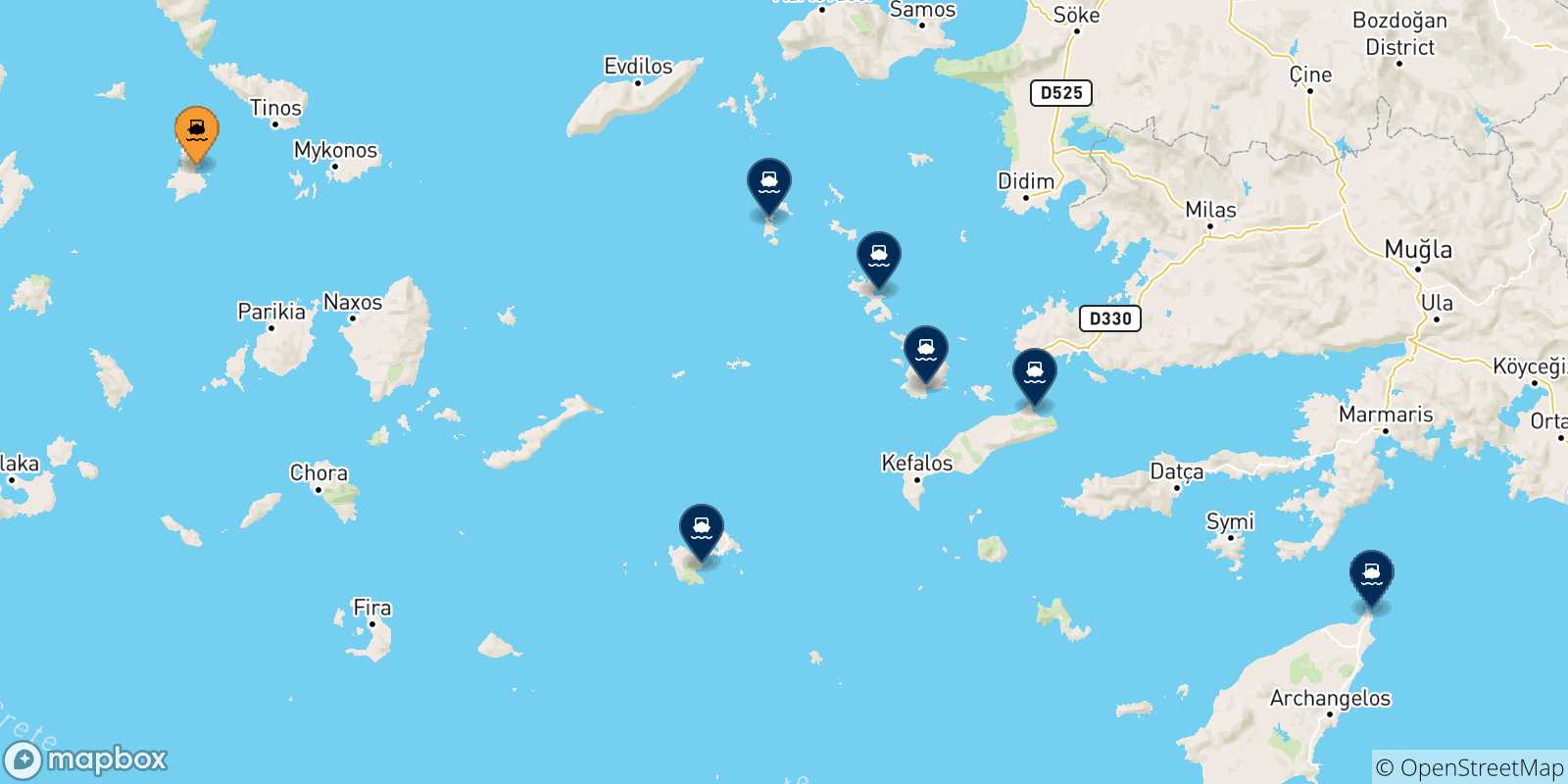 Mapa de las posibles rutas entre Syros y  Dodecaneso