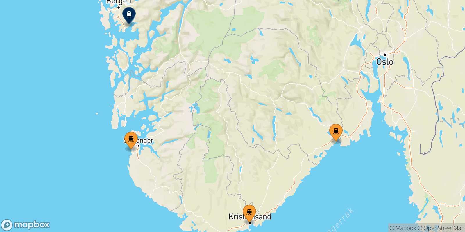 Mapa de los puertos conectados con  Bergen