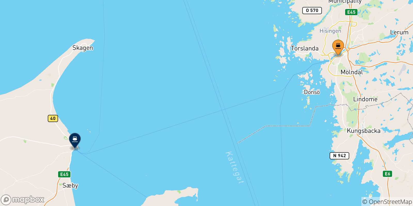 Mapa de las posibles rutas entre Gotemburgo y  Dinamarca
